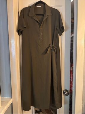Collared Short-Sleeve Wrap Midi Dress in Olive